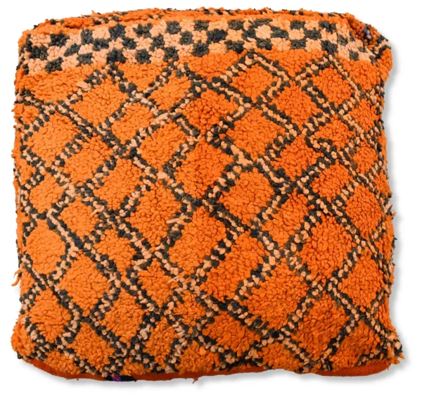 Handmade Moroccan wool pouf in orange and black